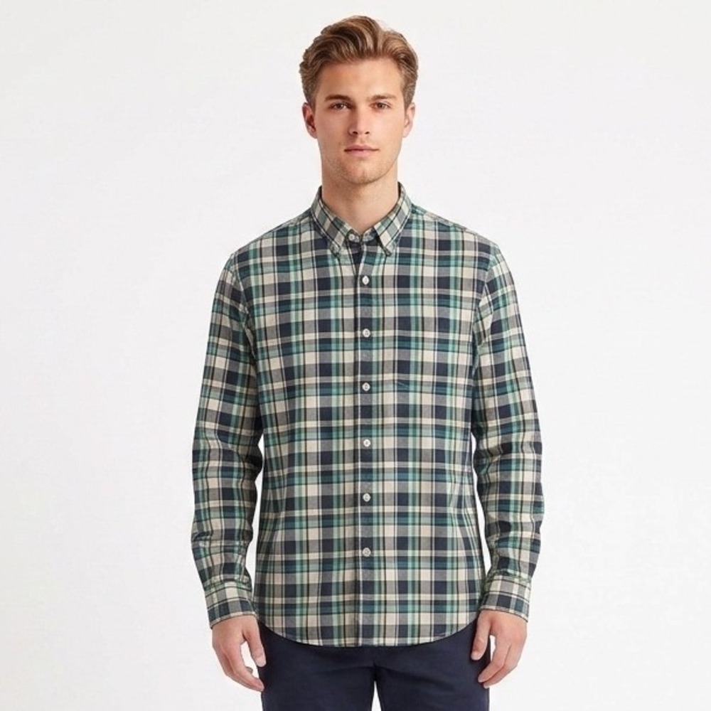 American Eagle Plaid Button Down Mens Large Teal Athletic Fit Long Sleeve Shirt